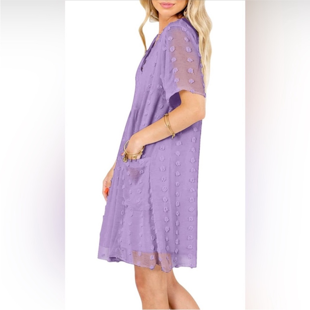 3/$25! NEW! MIHOLL Boutique Short Sleeve V-Neck Swiss Dot Babydoll Mini Dress - Picture 5 of 7